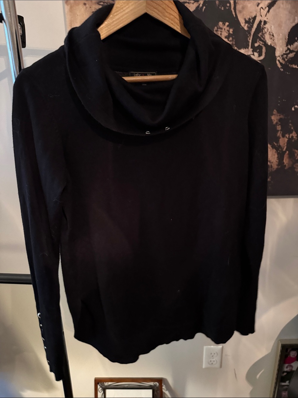 Women’s Black Cowl Neck Sweater with Button-Sleeve Detail